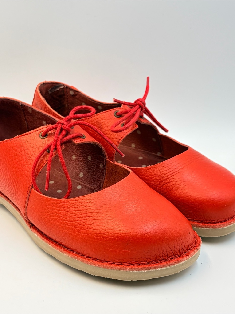 Gudrun Sjoden Red Pebbled Leather Lace-Up Mary Jane Flats EU37 US6.5 Lagenlook - Picture 9 of 11